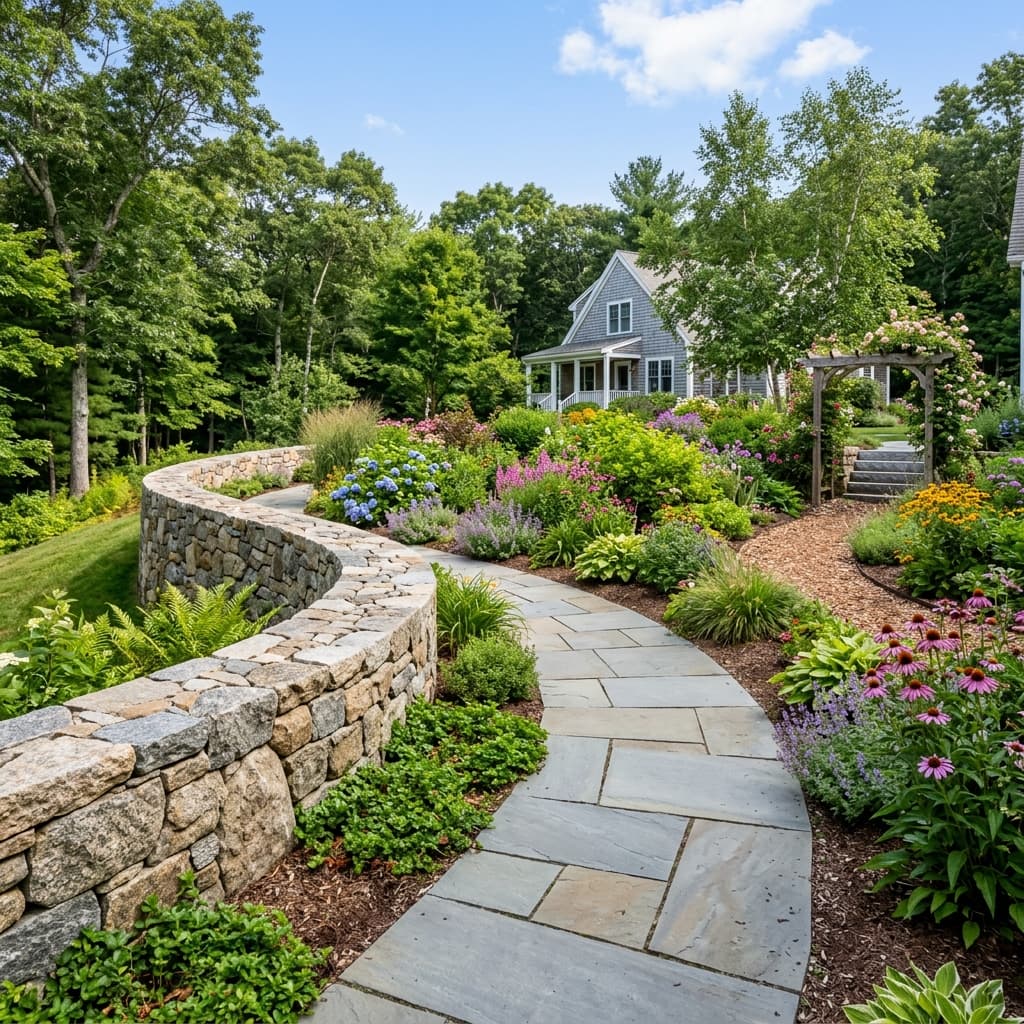 Darien CT custom stone retaining wall and masonry hardscaping