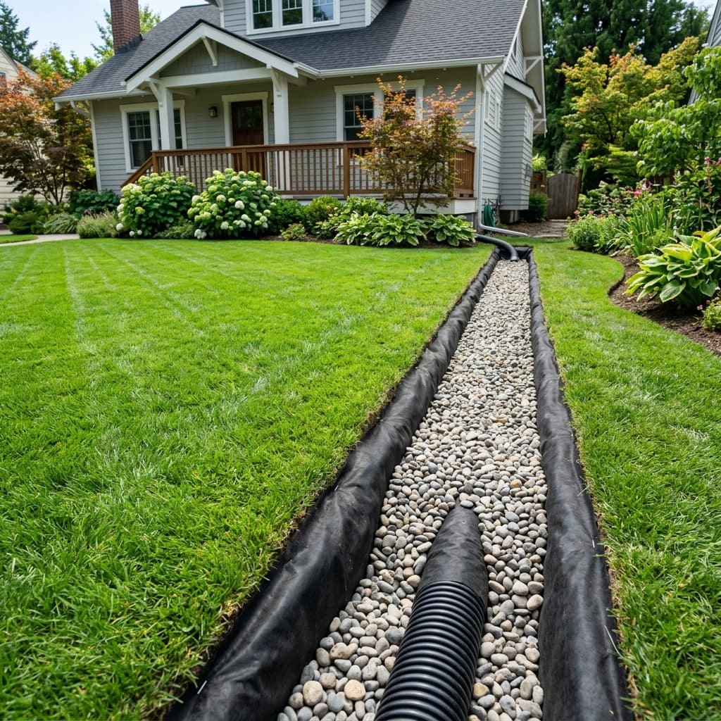 Greenwich CT residential landscape and French drain installation