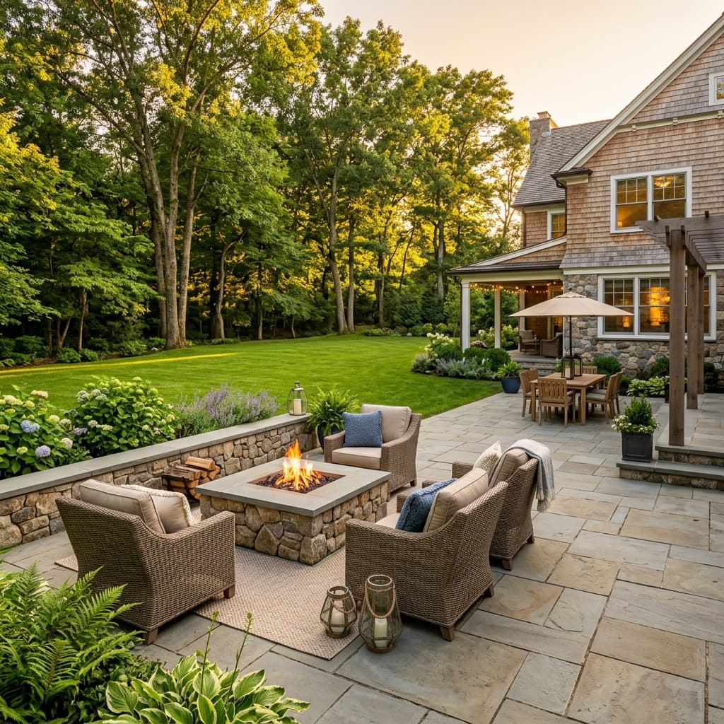 Stamford CT outdoor living space with bluestone patio and fire pit